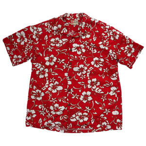 Hilo Hattie Hawaiian Shirt Mens 2XL Red Cotton Short Sleeve Floral Hawaiian Made